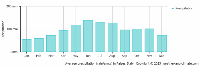 Average monthly rainfall, snow, precipitation in Falzes, Italy