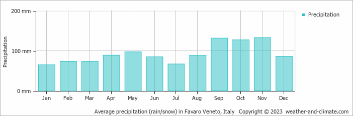 Average monthly rainfall, snow, precipitation in Favaro Veneto, Italy