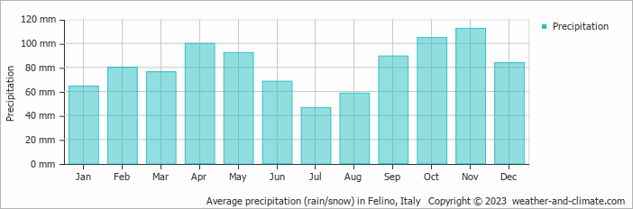 Average monthly rainfall, snow, precipitation in Felino, Italy
