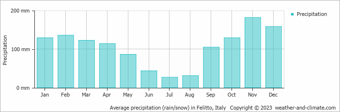 Average monthly rainfall, snow, precipitation in Felitto, Italy