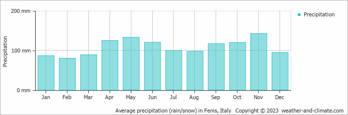 Average monthly rainfall, snow, precipitation in Fenis, Italy
