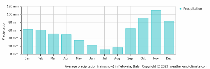 Average monthly rainfall, snow, precipitation in Fetovaia, Italy