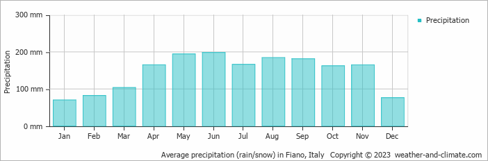 Average monthly rainfall, snow, precipitation in Fiano, 