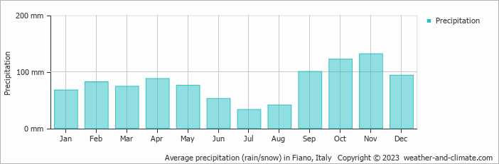 Average monthly rainfall, snow, precipitation in Fiano, Italy