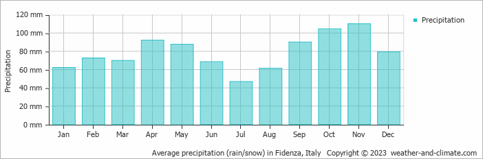Average monthly rainfall, snow, precipitation in Fidenza, Italy