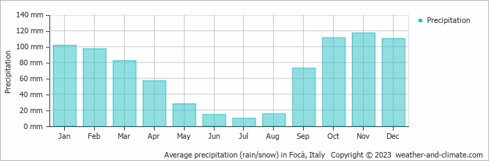 Average monthly rainfall, snow, precipitation in Focà, Italy