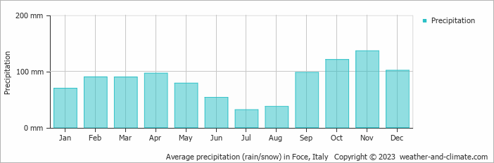 Average monthly rainfall, snow, precipitation in Foce, Italy