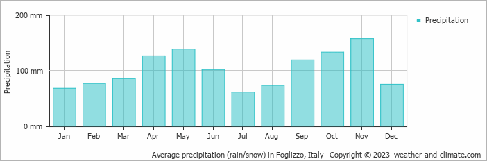 Average monthly rainfall, snow, precipitation in Foglizzo, Italy