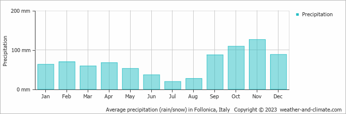 Average monthly rainfall, snow, precipitation in Follonica, Italy