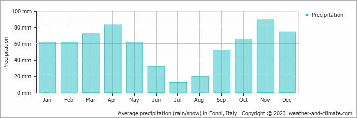 Average monthly rainfall, snow, precipitation in Fonni, Italy