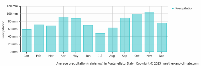 Average monthly rainfall, snow, precipitation in Fontanellato, 