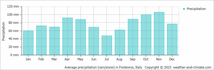 Average monthly rainfall, snow, precipitation in Fontevivo, Italy