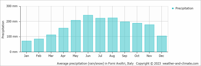 Average monthly rainfall, snow, precipitation in Forni Avoltri, Italy