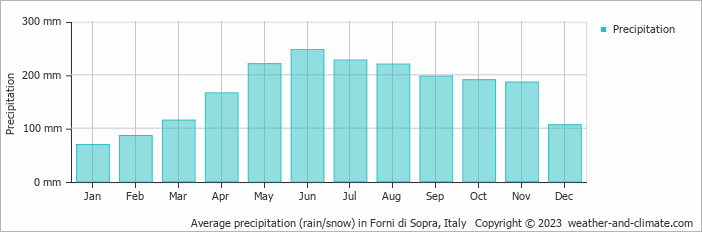 Average monthly rainfall, snow, precipitation in Forni di Sopra, Italy