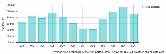 Average monthly rainfall, snow, precipitation in Gattaia, Italy
