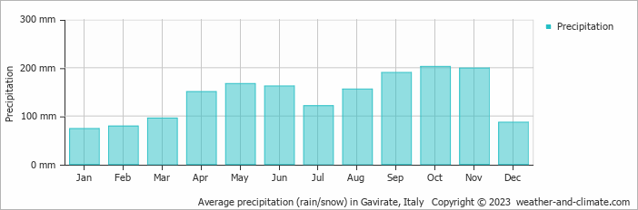 Average monthly rainfall, snow, precipitation in Gavirate, Italy