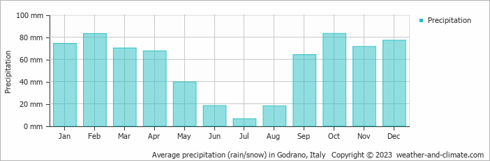 Average monthly rainfall, snow, precipitation in Godrano, 