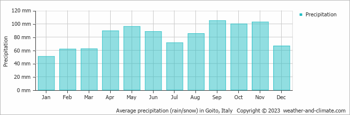 Average monthly rainfall, snow, precipitation in Goito, Italy