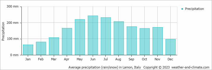 Average monthly rainfall, snow, precipitation in Lamon, Italy