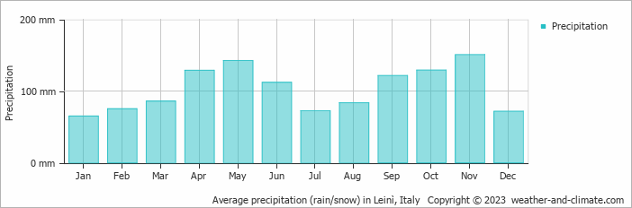 Average monthly rainfall, snow, precipitation in Leinì, Italy