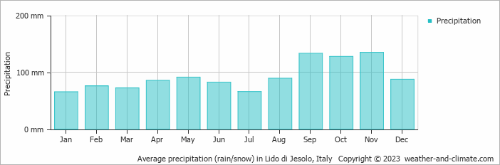 Average monthly rainfall, snow, precipitation in Lido di Jesolo, Italy