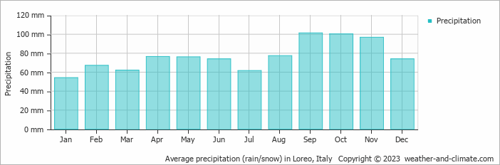Average monthly rainfall, snow, precipitation in Loreo, Italy