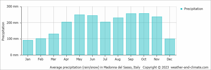 Average monthly rainfall, snow, precipitation in Madonna del Sasso, Italy