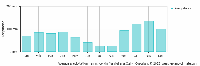 Average monthly rainfall, snow, precipitation in Marcigliana, Italy