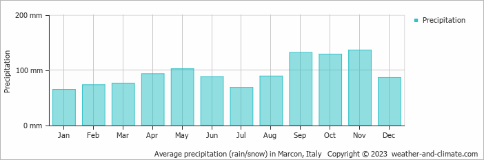 Average monthly rainfall, snow, precipitation in Marcon, Italy