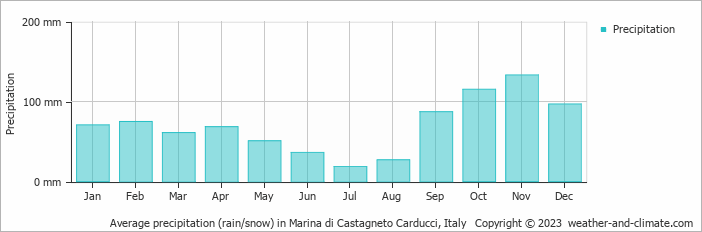 Average monthly rainfall, snow, precipitation in Marina di Castagneto Carducci, Italy
