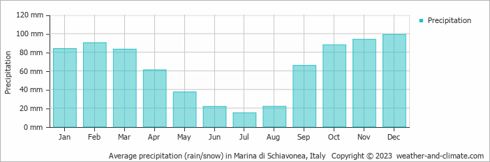 Average monthly rainfall, snow, precipitation in Marina di Schiavonea, 