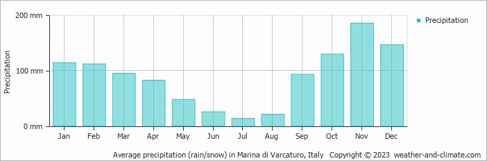 Average monthly rainfall, snow, precipitation in Marina di Varcaturo, Italy