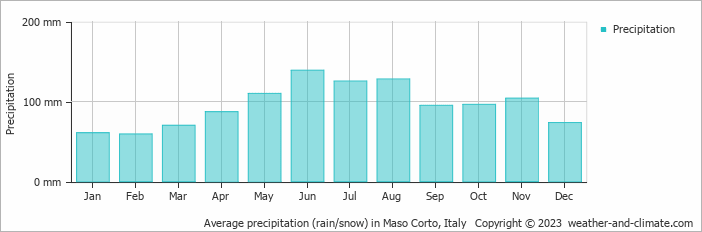 Average monthly rainfall, snow, precipitation in Maso Corto, Italy