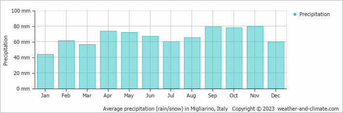 Average monthly rainfall, snow, precipitation in Migliarino, Italy