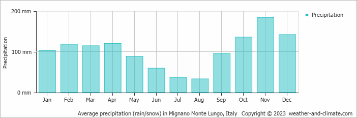 Average monthly rainfall, snow, precipitation in Mignano Monte Lungo, Italy