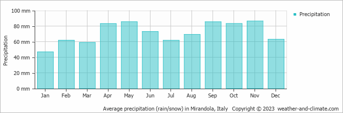 Average monthly rainfall, snow, precipitation in Mirandola, Italy