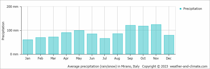 Average monthly rainfall, snow, precipitation in Mirano, Italy