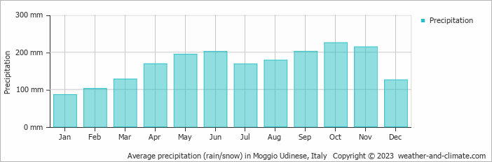 Average monthly rainfall, snow, precipitation in Moggio Udinese, Italy