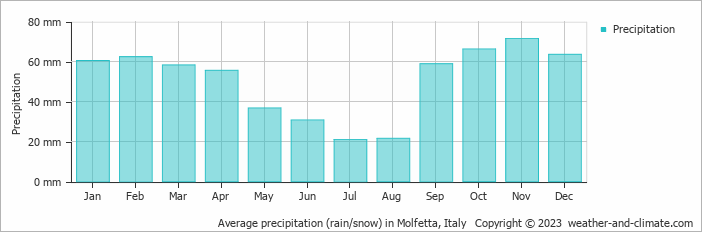 Average monthly rainfall, snow, precipitation in Molfetta, Italy