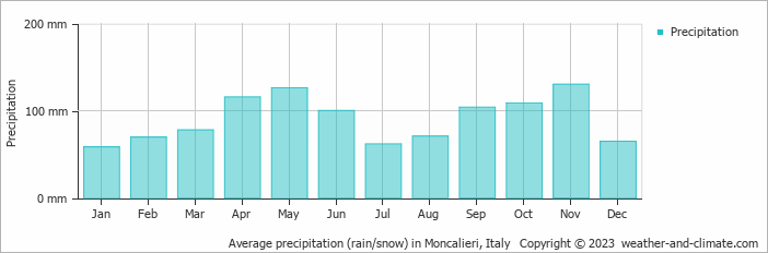 Average monthly rainfall, snow, precipitation in Moncalieri, Italy