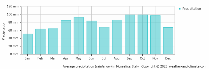 Average monthly rainfall, snow, precipitation in Monselice, Italy