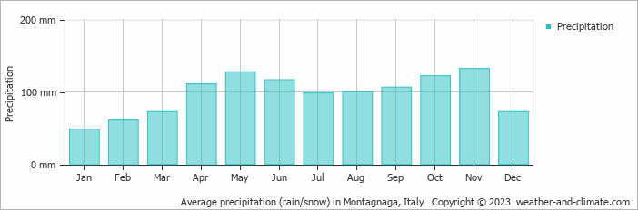 Average monthly rainfall, snow, precipitation in Montagnaga, Italy