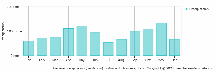 Average monthly rainfall, snow, precipitation in Montaldo Torinese, Italy