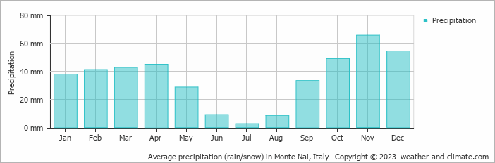 Average monthly rainfall, snow, precipitation in Monte Nai, Italy