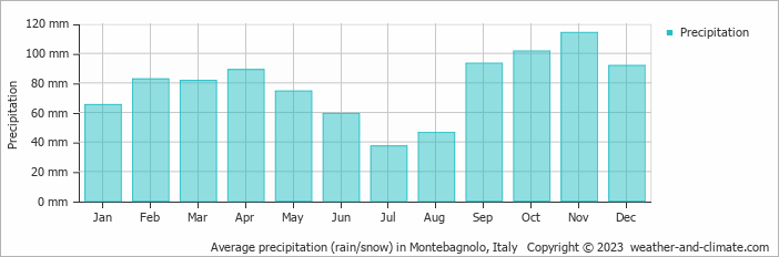 Average monthly rainfall, snow, precipitation in Montebagnolo, Italy