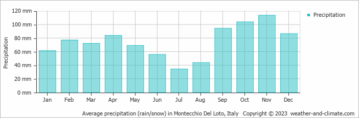 Average monthly rainfall, snow, precipitation in Montecchio Del Loto, 