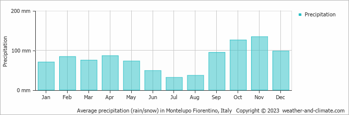 Average monthly rainfall, snow, precipitation in Montelupo Fiorentino, Italy