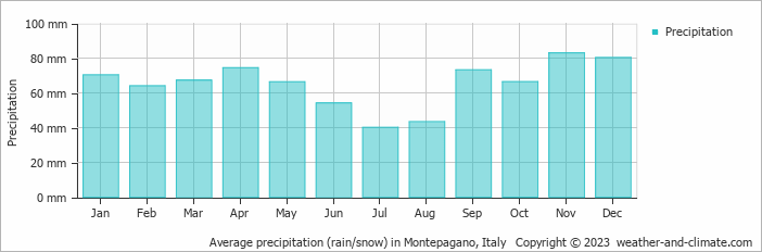 Average monthly rainfall, snow, precipitation in Montepagano, Italy