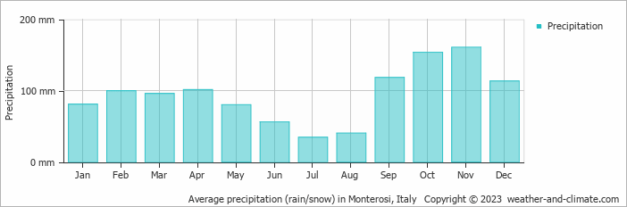 Average monthly rainfall, snow, precipitation in Monterosi, 
