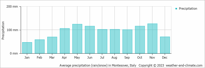 Average monthly rainfall, snow, precipitation in Montesover, Italy